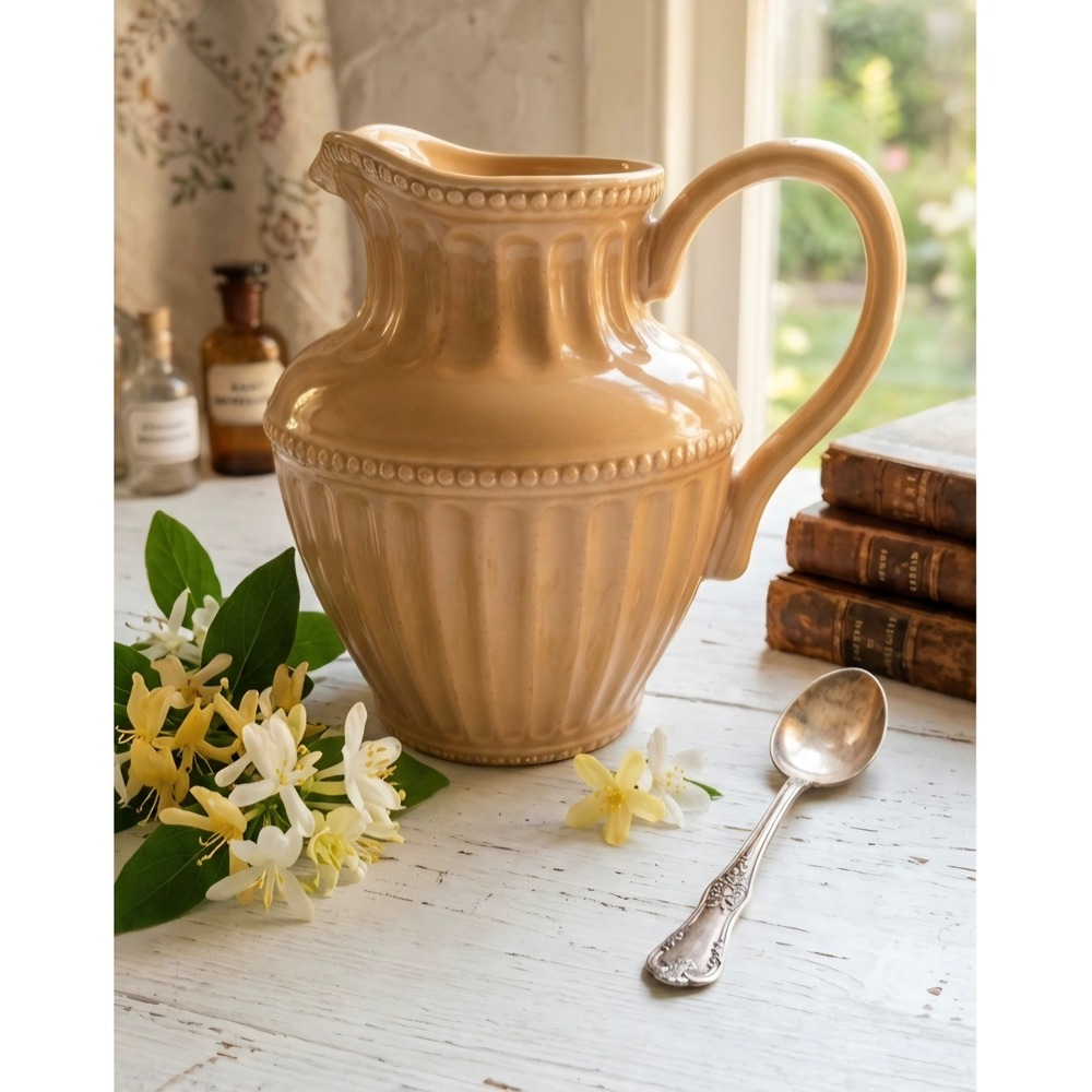 Retired Homestead by At Home America Gold Ceramic Pitcher Beaded Farmhouse Decor